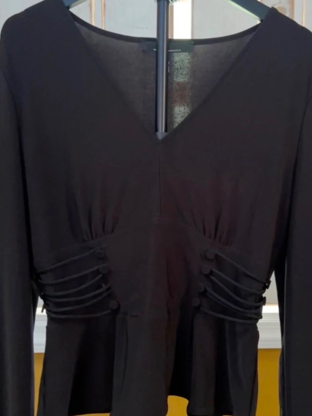 White House Black Market Black Peplum Blouse Medium V-Neck Long Sleeve